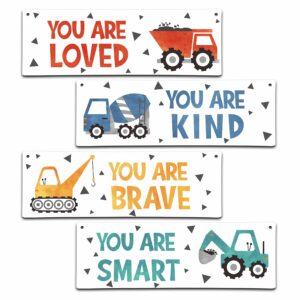 4 pieces construction vehicles decor kids room wall decor wooden sign - motivational wall art for kids room nursery playroom classroom(sign-01)