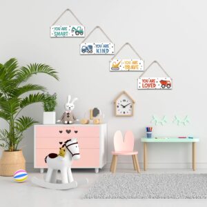 4 Pieces Construction Vehicles Decor Kids Room Wall Decor Wooden Sign - Motivational Wall Art For Kids Room Nursery Playroom Classroom(Sign-01)