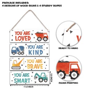 4 Pieces Construction Vehicles Decor Kids Room Wall Decor Wooden Sign - Motivational Wall Art For Kids Room Nursery Playroom Classroom(Sign-01)