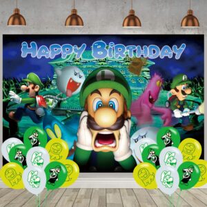 luigi mansion backdrop for birthday party supplies ,1 happy birthday backdrop,18 ballons for luigi mansion baby shower party decorations, 5 x 3ft birthday banner for girls boys party decorations