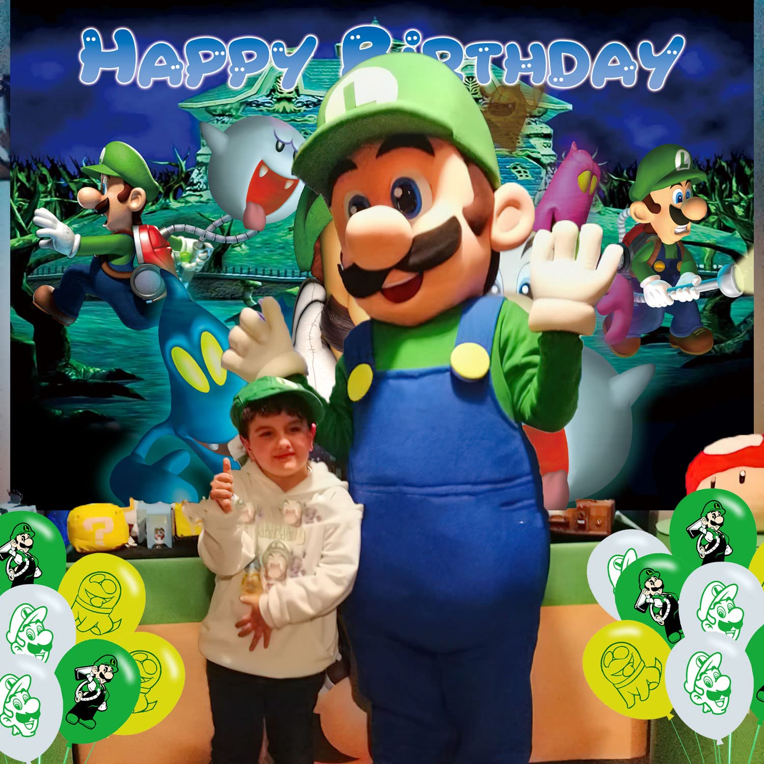 Luigi Mansion Backdrop for Birthday Party Supplies ,1 Happy Birthday Backdrop,18 Ballons for Luigi Mansion Baby Shower Party Decorations, 5 x 3FT Birthday Banner for Girls Boys Party Decorations