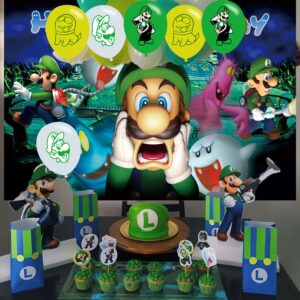 Luigi Mansion Backdrop for Birthday Party Supplies ,1 Happy Birthday Backdrop,18 Ballons for Luigi Mansion Baby Shower Party Decorations, 5 x 3FT Birthday Banner for Girls Boys Party Decorations