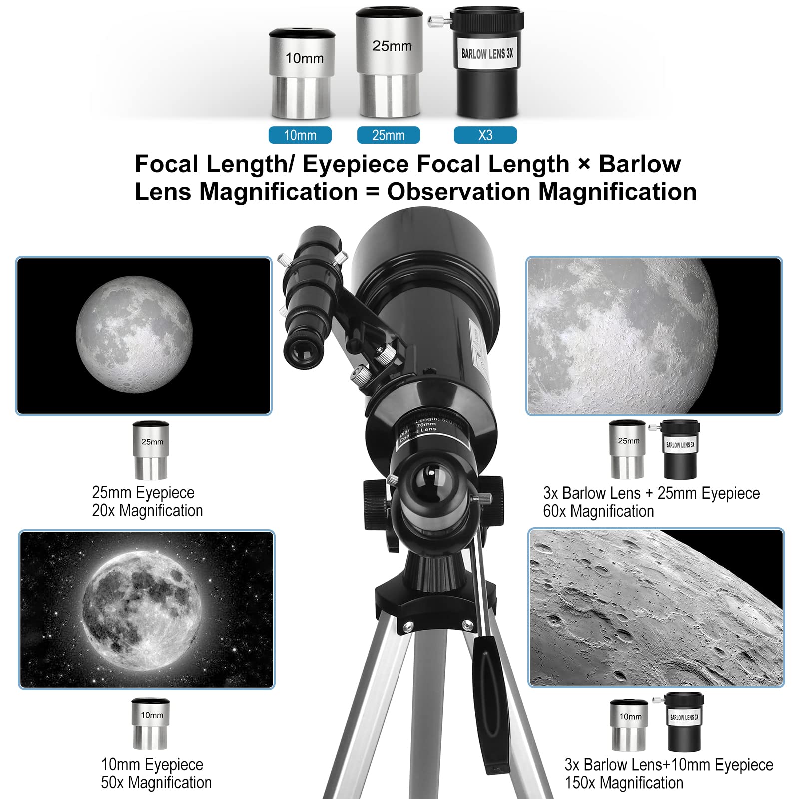 Telescope for Kids & Adults Beginner Astronomers - 70mm Aperture 500mm Fully Multi-Coated High Transmission Coatings with AZ Mount Tripod Phone Adapter, Carrying Bag, Wireless Control