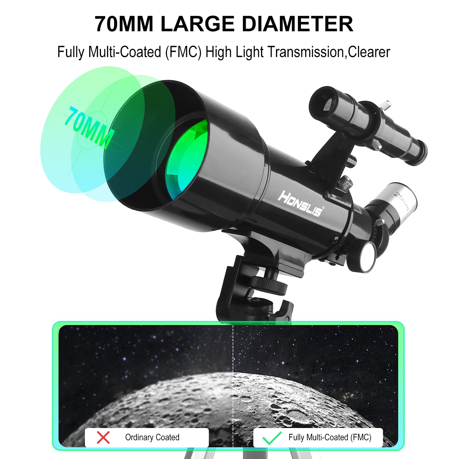 Telescope for Kids & Adults Beginner Astronomers - 70mm Aperture 500mm Fully Multi-Coated High Transmission Coatings with AZ Mount Tripod Phone Adapter, Carrying Bag, Wireless Control