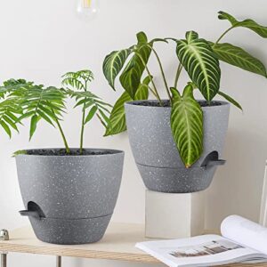 Warmplus Plastic Plant Pots Set of 3, 10/9/8 Inch Planters for Indoor, Plants with Drainage Holes and Watering Lip for Snake Plant, African Violet, Aloe and Most House Plants, Grey