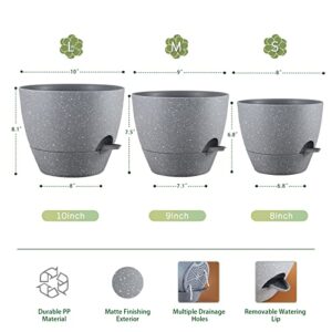 Warmplus Plastic Plant Pots Set of 3, 10/9/8 Inch Planters for Indoor, Plants with Drainage Holes and Watering Lip for Snake Plant, African Violet, Aloe and Most House Plants, Grey