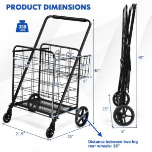 COSTWAY Folding Shopping Cart, Extra Jumbo Double Basket Grocery Cart with 360° Swivel Rolling Bearing Wheels, Dense Metal Mesh Base, Large Capacity Utility Cart for Market, Grocery, Laundry (Black)