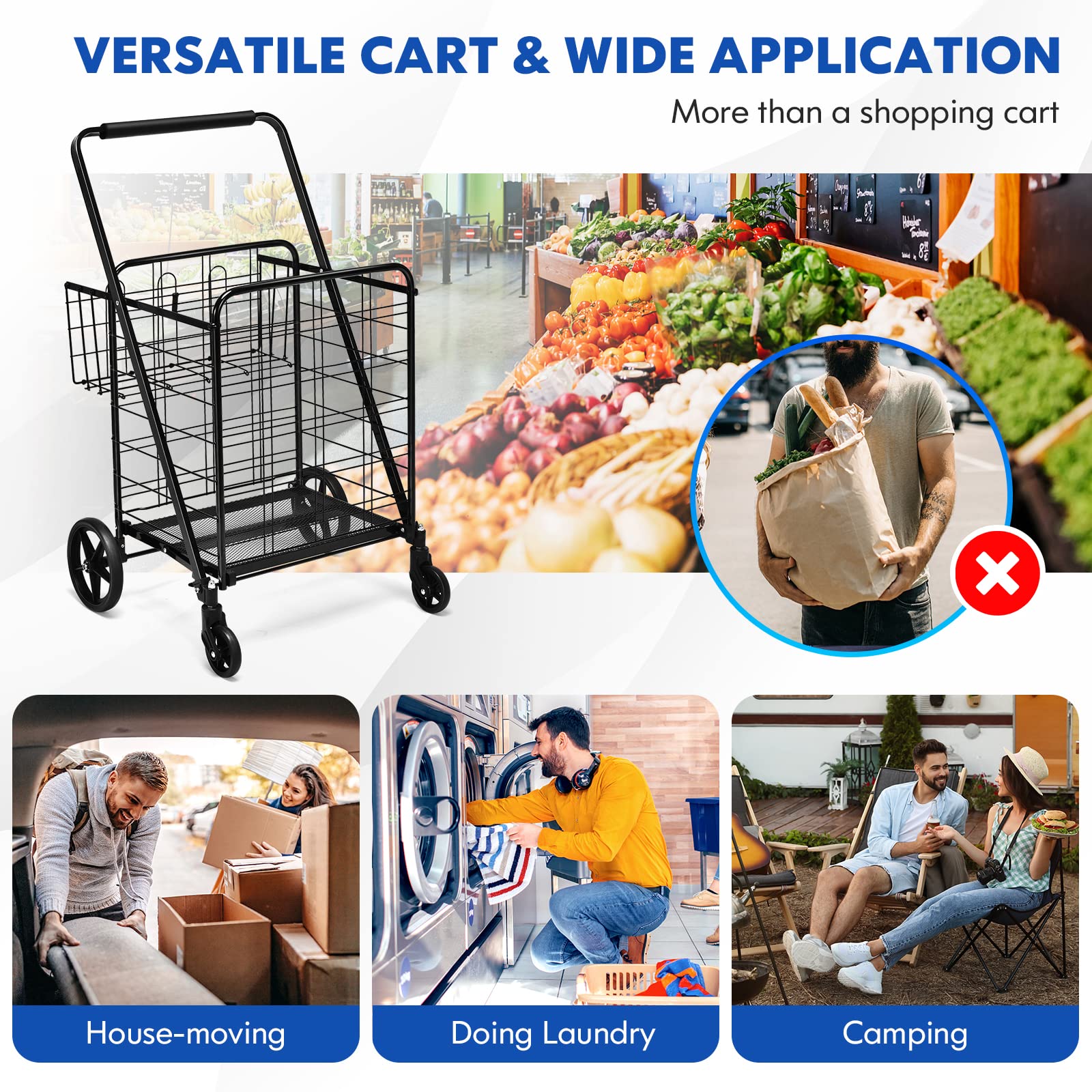 COSTWAY Folding Shopping Cart, Extra Jumbo Double Basket Grocery Cart with 360° Swivel Rolling Bearing Wheels, Dense Metal Mesh Base, Large Capacity Utility Cart for Market, Grocery, Laundry (Black)