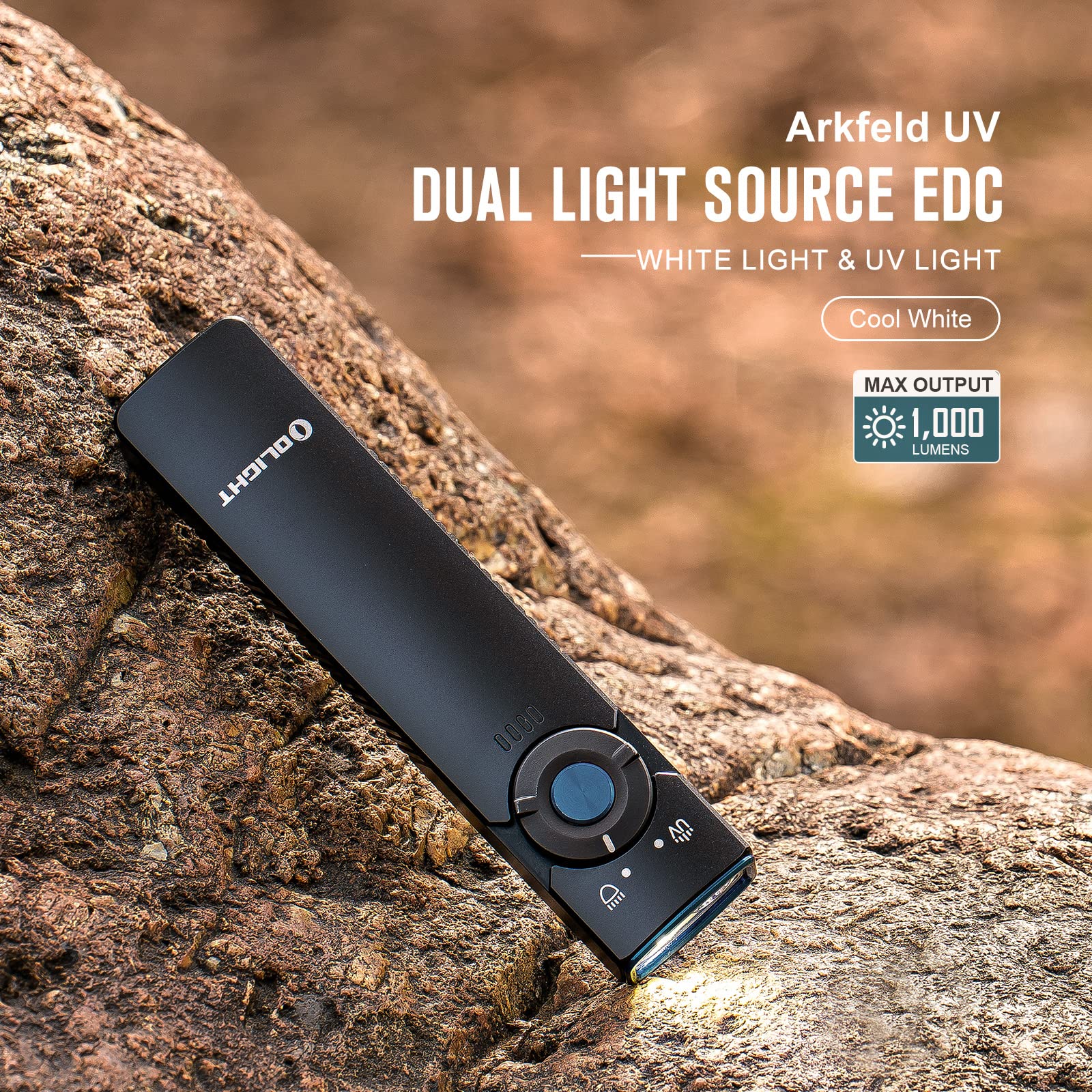 OLIGHT Arkfeld UV Rechargeable EDC Flashlight 1000 Lumens with 365nm UV Light, Flat Flashlight for Outdoors, Emergency, Working, Pet Urine Detection (Cool White Light: 5700~6700K)