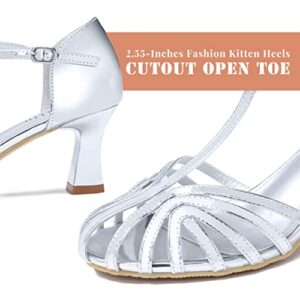 T-Strap Kitten Heels for Women Comfor Low Heel Sandals Vintage Cutout Closed Toe Wedding Party Dress Latin Dance Pumps Sandal Silver US 8