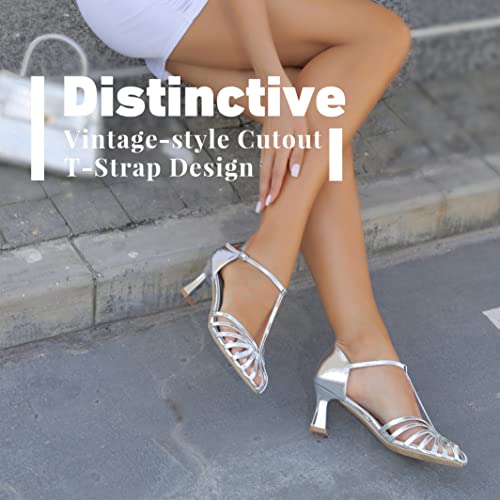 T-Strap Kitten Heels for Women Comfor Low Heel Sandals Vintage Cutout Closed Toe Wedding Party Dress Latin Dance Pumps Sandal Silver US 8