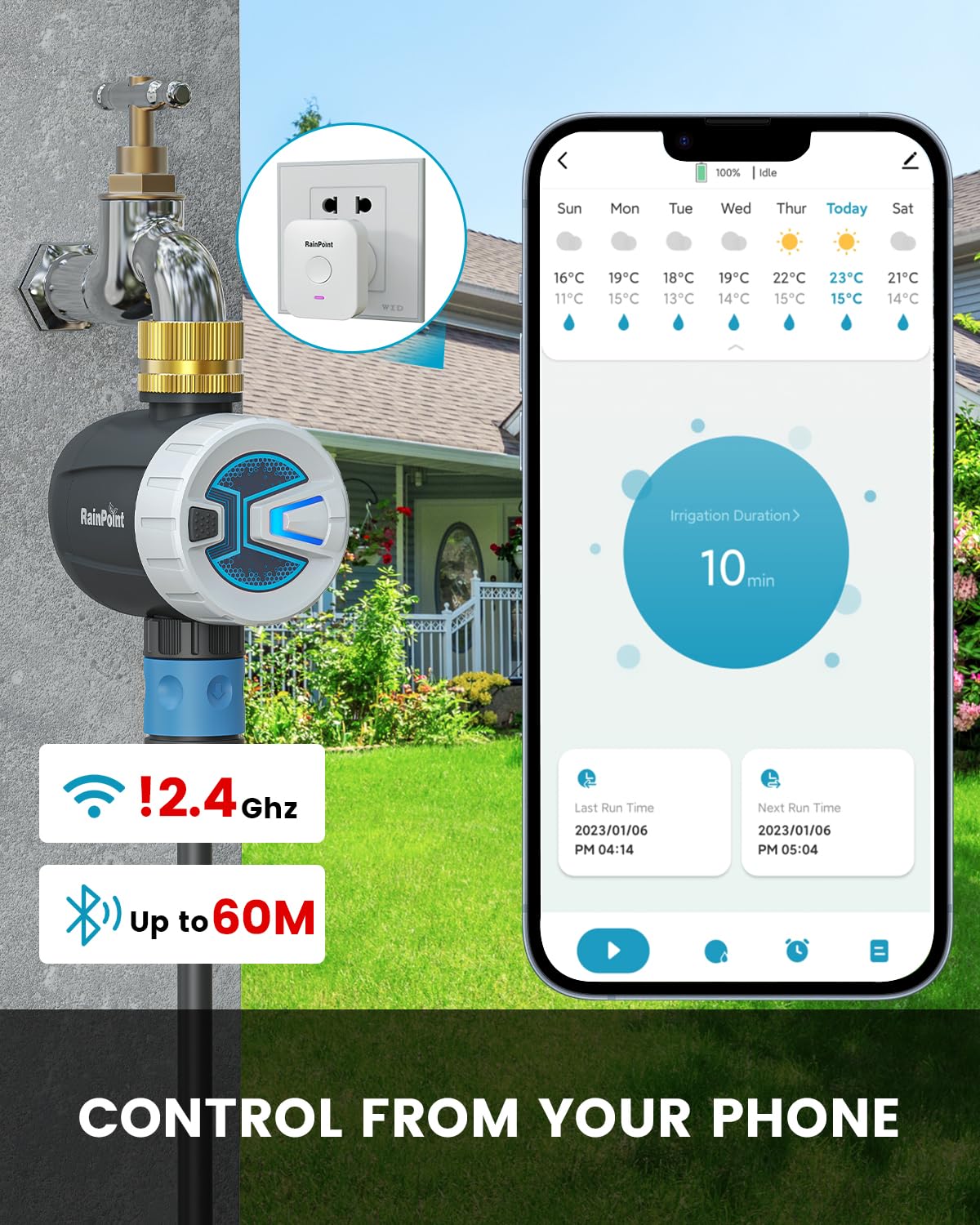 RAINPOINT WiFi Sprinkler Timer Water Timer, Brass Inlet Smart Hose Faucet Timer, Automatic Irrigation System Controller for Yard Watering, APP Control via 2.4Ghz WiFi and Bluetooth (V2, 2024 Release)