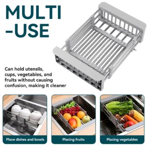 Over The Sink Dish Drying Rack, Retractable Stainless Steel Sink Strainer Telescopic Drain Basket Kitchen Rack Drain Basket Sink Organizer for Vegetable and Fruit(L-Gray)