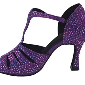 Womens Professional Rhinestones T-bar Latin Dancing Shoes Social Salsa Ballroom Tango Cha-Cha Wedding Dancing Shoes Custom Heel Purple US 8