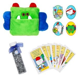 tooth fairy pillow for boys, fun tooth fairy kit includes (1) monster tooth fairy pouch with door hanger, (4) money stickers, fairy glitter dust, (8) magical toothfairy notes and fun receipts