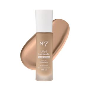 no7 lift & luminate triple action serum foundation - warm beige - liquid foundation makeup with spf 15 for dewy, glowy base - radiant serum foundation for mature skin (30ml)
