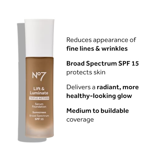 No7 Lift & Luminate Triple Action Serum Foundation - Warm Beige - Liquid Foundation Makeup with SPF 15 for Dewy, Glowy Base - Radiant Serum Foundation for Mature Skin (30ml)