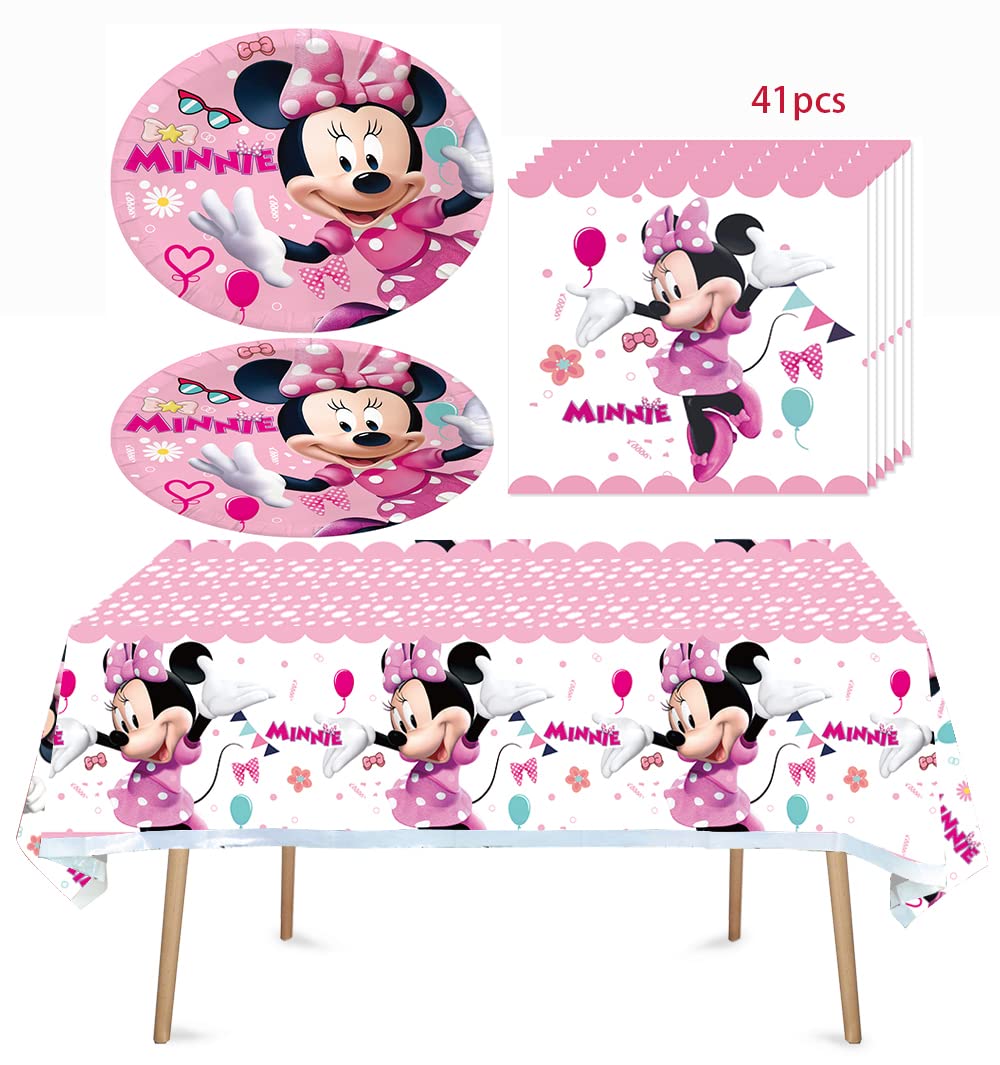 ChezMax 41pcs Minnie Mickey Mouse Party Supplies 20 Plates + 20 Napkin + 1Tablecloth Minnie Mickey Mouse Birthday Party Decorations, for Girl and Boy (41pcs)