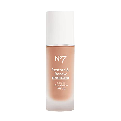 No7 Restore & Renew Multi Action Serum Foundation - Cool Beige - Liquid Foundation Makeup with Vitamin C, Vitamin E & Collagen for Face - Beauty Skin Serum Formula with Medium Coverage (30ml)