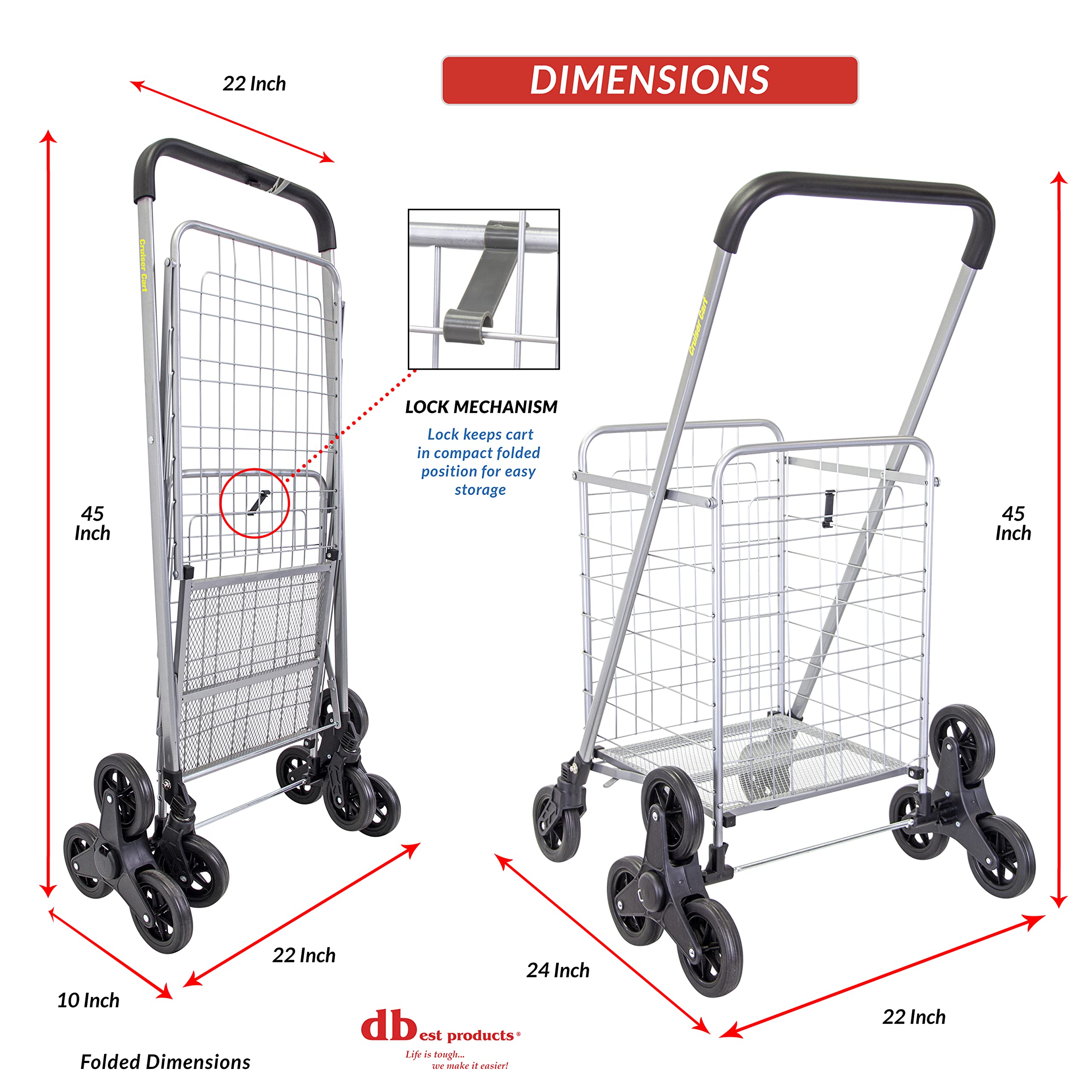 dbest products Stair Climber Cruiser Cart Shopping Grocery Rolling Folding Laundry Basket on Wheels Foldable Utility Trolley Compact Lightweight Collapsible, Silver