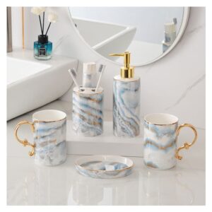 soap dispenser ceramic bathroom accessories set - 5 pieces bath accessory sets - soap dispenser toothbrush holder soap dish and mouthwash cup with gold rim handles soap dispenser for bathroom kitchen