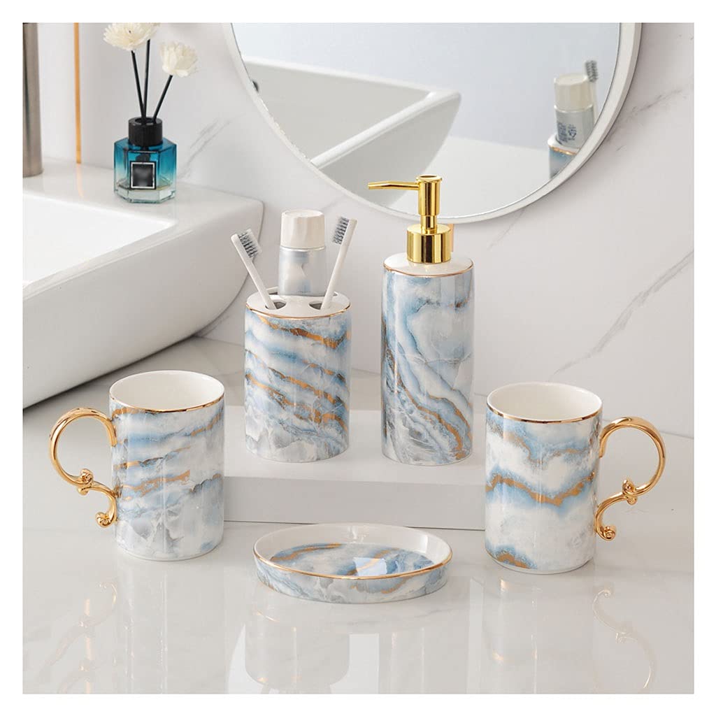 Soap Dispenser Ceramic Bathroom Accessories Set - 5 Pieces Bath Accessory Sets - Soap Dispenser Toothbrush Holder Soap Dish and Mouthwash Cup with Gold Rim Handles Soap Dispenser for Bathroom Kitchen