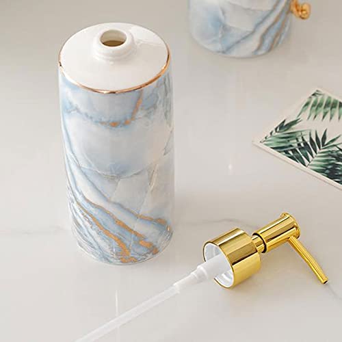 Soap Dispenser Ceramic Bathroom Accessories Set - 5 Pieces Bath Accessory Sets - Soap Dispenser Toothbrush Holder Soap Dish and Mouthwash Cup with Gold Rim Handles Soap Dispenser for Bathroom Kitchen