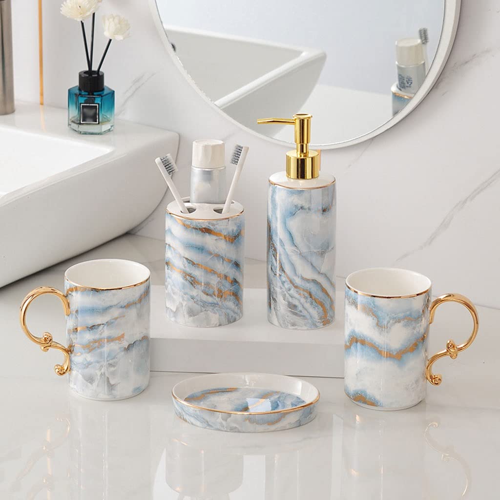 Soap Dispenser Ceramic Bathroom Accessories Set - 5 Pieces Bath Accessory Sets - Soap Dispenser Toothbrush Holder Soap Dish and Mouthwash Cup with Gold Rim Handles Soap Dispenser for Bathroom Kitchen