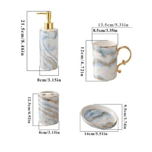 Soap Dispenser Ceramic Bathroom Accessories Set - 5 Pieces Bath Accessory Sets - Soap Dispenser Toothbrush Holder Soap Dish and Mouthwash Cup with Gold Rim Handles Soap Dispenser for Bathroom Kitchen