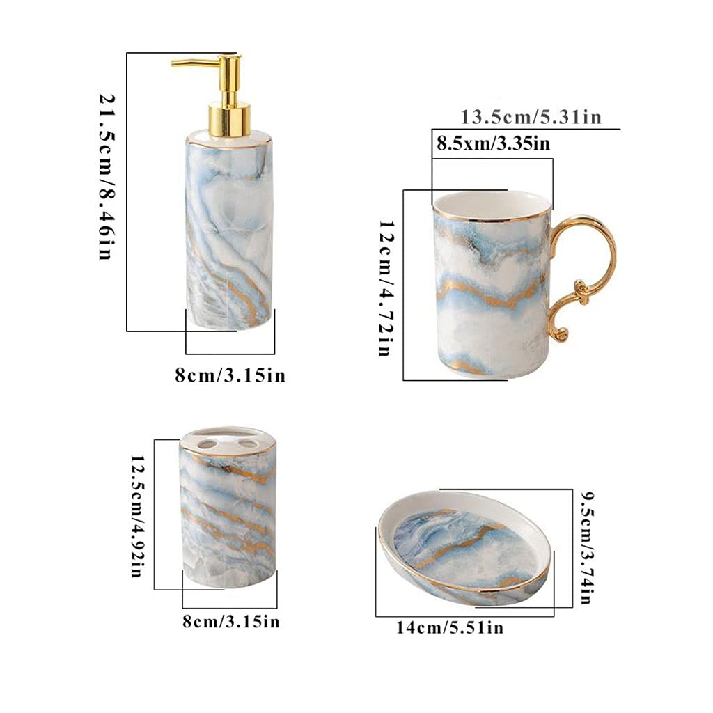 Soap Dispenser Ceramic Bathroom Accessories Set - 5 Pieces Bath Accessory Sets - Soap Dispenser Toothbrush Holder Soap Dish and Mouthwash Cup with Gold Rim Handles Soap Dispenser for Bathroom Kitchen