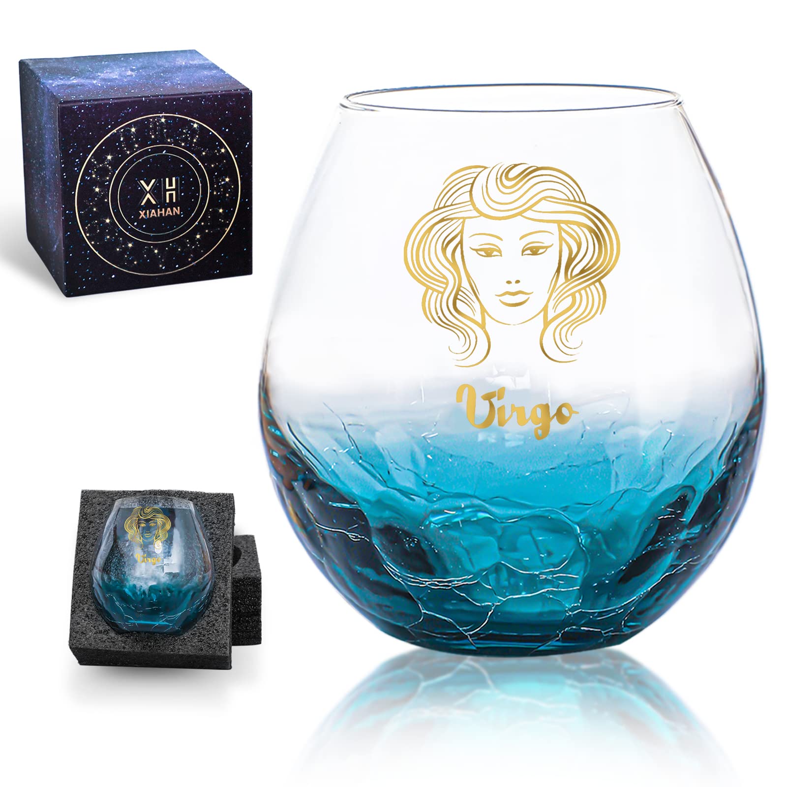 XIAHAN Virgo Stemless Wine Glass, Zodiac Gift Water Cup, Glass Cup, Coffee Cup, Gift for Men and Women