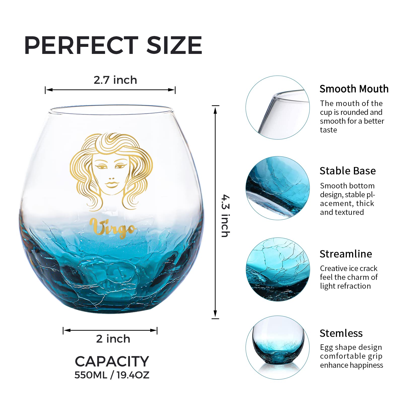 XIAHAN Virgo Stemless Wine Glass, Zodiac Gift Water Cup, Glass Cup, Coffee Cup, Gift for Men and Women