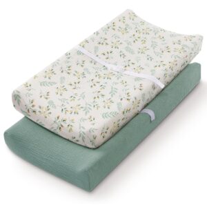 muslin changing pad cover for baby girls boys, cotton natural comfort diaper change table pad covers, ultra soft breathable boho changing pad sheets, 2pack (roman green&botanical leaf)