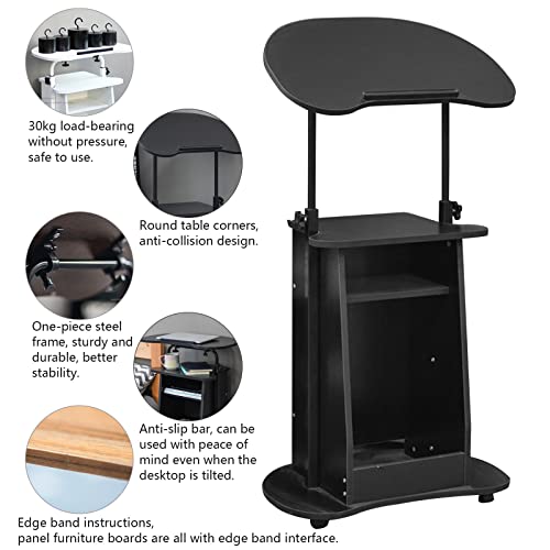 Lectern Podium Stand, Stuffygreenus Mobile Height Adjustable Church Classroom Lecture, Portable Presentation Concert Podium, Standing Laptop Cart with Wheels, Black