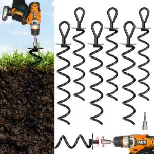 immerrot 6 pcs 15.3 inch ground anchors heavy duty for high winds screw in earth anchor swing set spiral auger stakes suitable for tent trampoline tree garden fence sheds swingset, easy use with drill