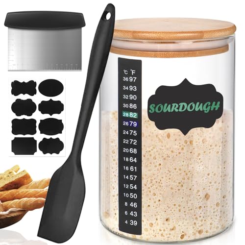 Kmise Sourdough Starter Jar, 34 Oz DIY Pro Glass Sourdough Starter Jar Kit With Thermometer, Silicone Spatula, Blackboard Stickers and Cutter