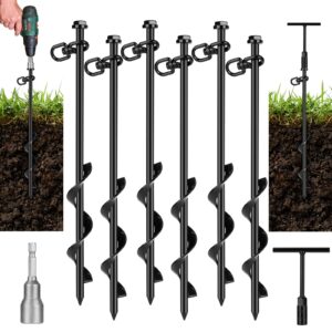 faurimmer 6 pack ground anchor heavy duty earth anchors with t handle hex wrench & power nut driver, metal stakes ground anchors screw in for swing, trampoline, tents, securing animals