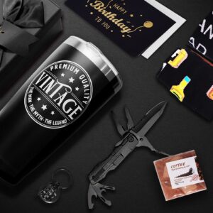 Vlipoeasn Men Gifts Box Birthday Gifts for Dad, Father, Men, Husband |Black and Gold Gift Set with 20 OZ Tumbler Cup, Knife, Coffee Soap, Birthday Card, Socks