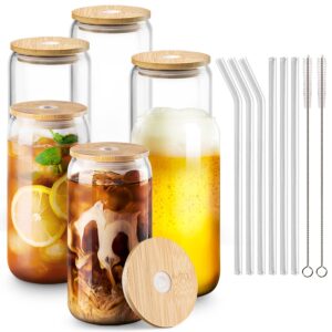 combler drinking glasses with bamboo lids and straws, 16 oz glass cups set of 6, beer glass coffee cups with lids and straw, iced coffee cup for coffee bar accessories, birthday gifts for women
