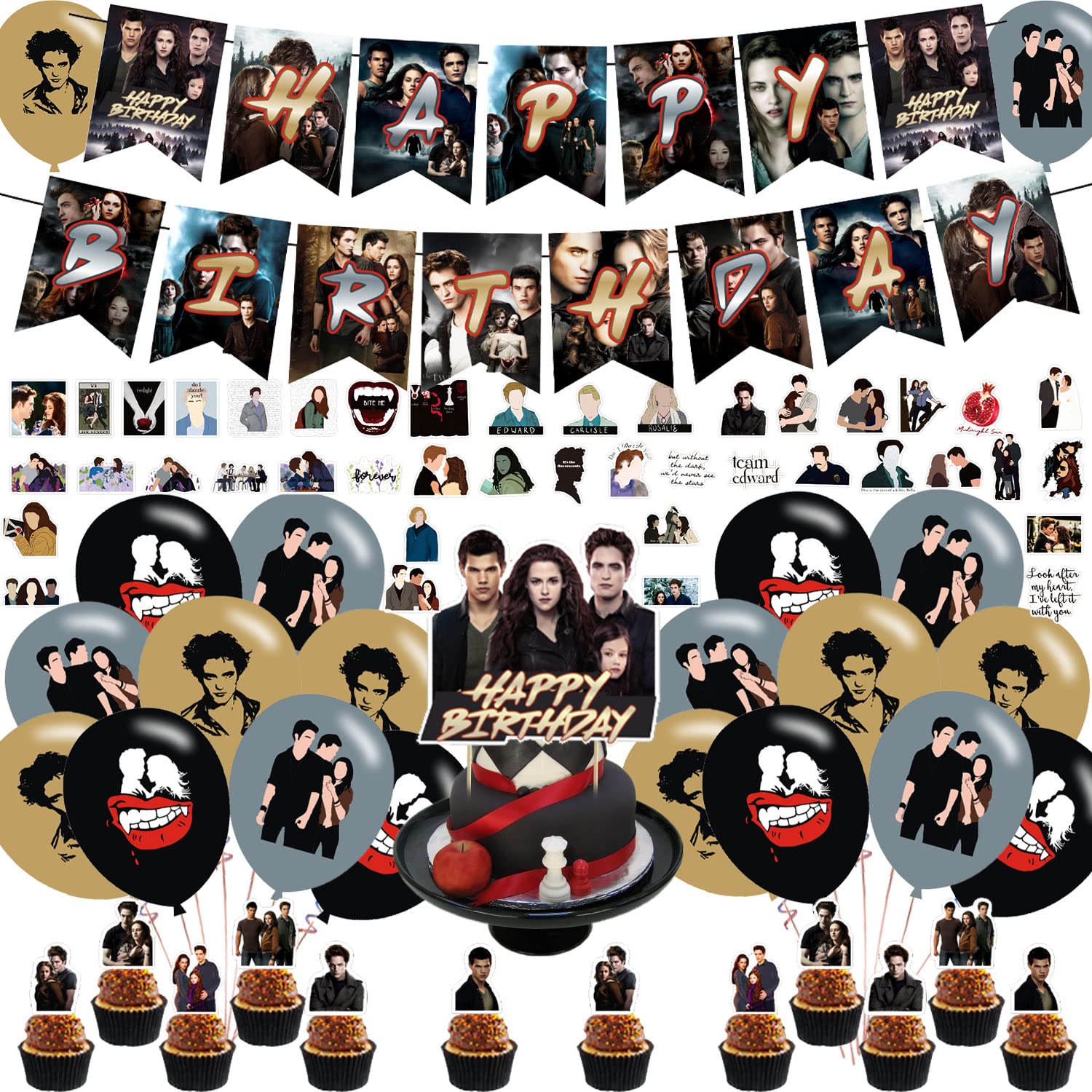 The Twilight Saga Party Decorations,Birthday Party Supplies for The Twilight Saga Party Supplies Includes Banner - Cake Topper - 12 Cupcake Toppers - 18 Balloons