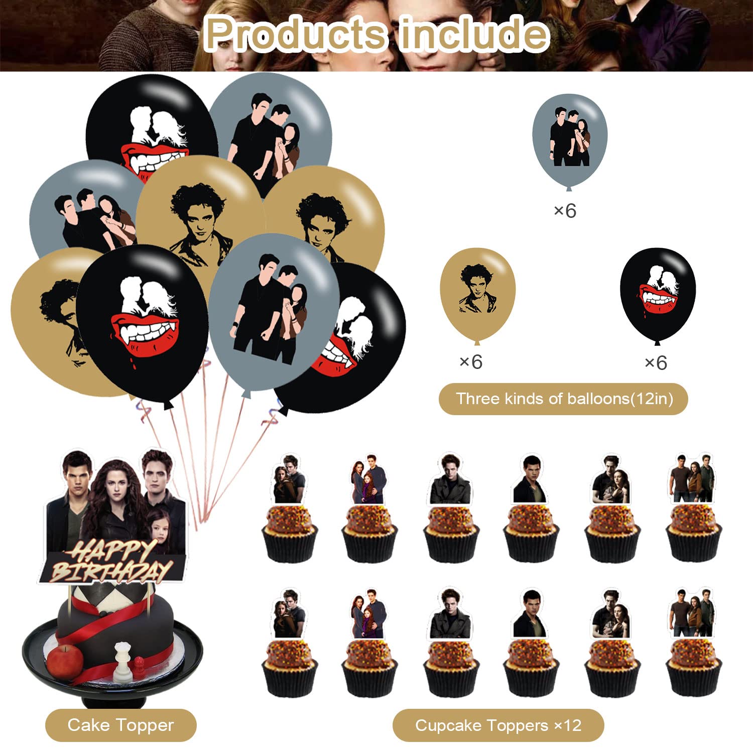 The Twilight Saga Party Decorations,Birthday Party Supplies for The Twilight Saga Party Supplies Includes Banner - Cake Topper - 12 Cupcake Toppers - 18 Balloons