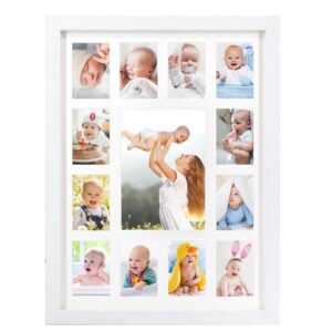 framepro baby's my first year frame，collage frame for baby in white frame with mat, displays one 5x7 photo and twelve 2.5x3.5 pictures