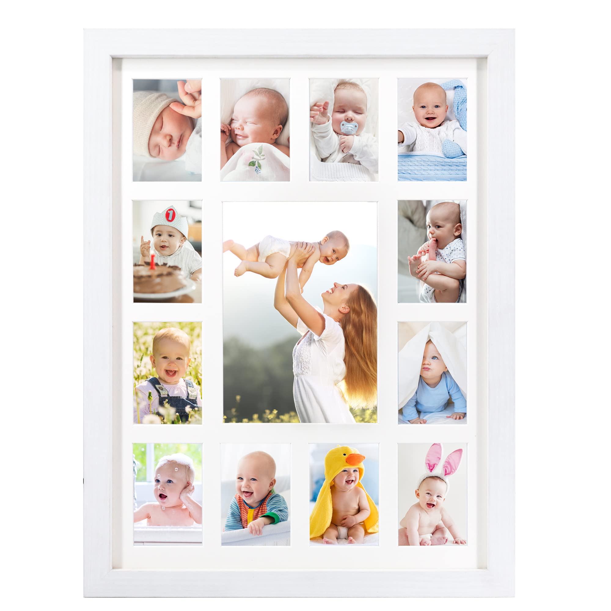 FramePro Baby's My First Year Frame，Collage Frame For Baby In White Frame with Mat, Displays One 5x7 Photo and Twelve 2.5x3.5 Pictures