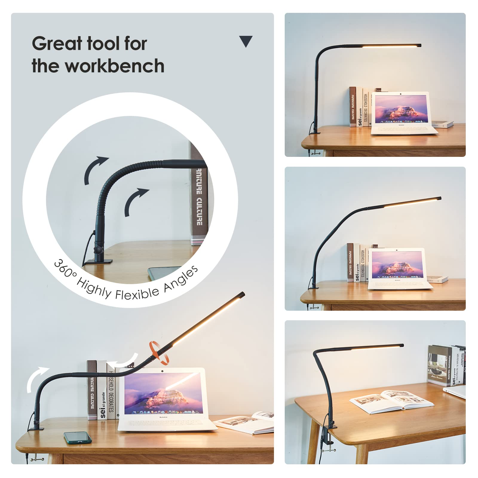 Desk Lamp with Clamp,Swing Arm Eye-Care LED Light Dimmable with 3 Color Modes Stepless Brightness, Adjust Gooseneck Lamp for Architect Home Office Workbench, 360 Degree Memory Metal Table Light