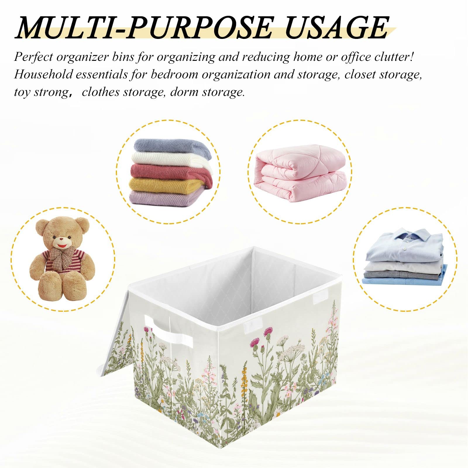 DOMIKING Wild Flowers Storage Basket Decorative Storage Bins with Lids for Toys Organizers Fabric Collapsible Rectangular Storage Boxes with Handles for Pet/Children Toys Clothes Nursery