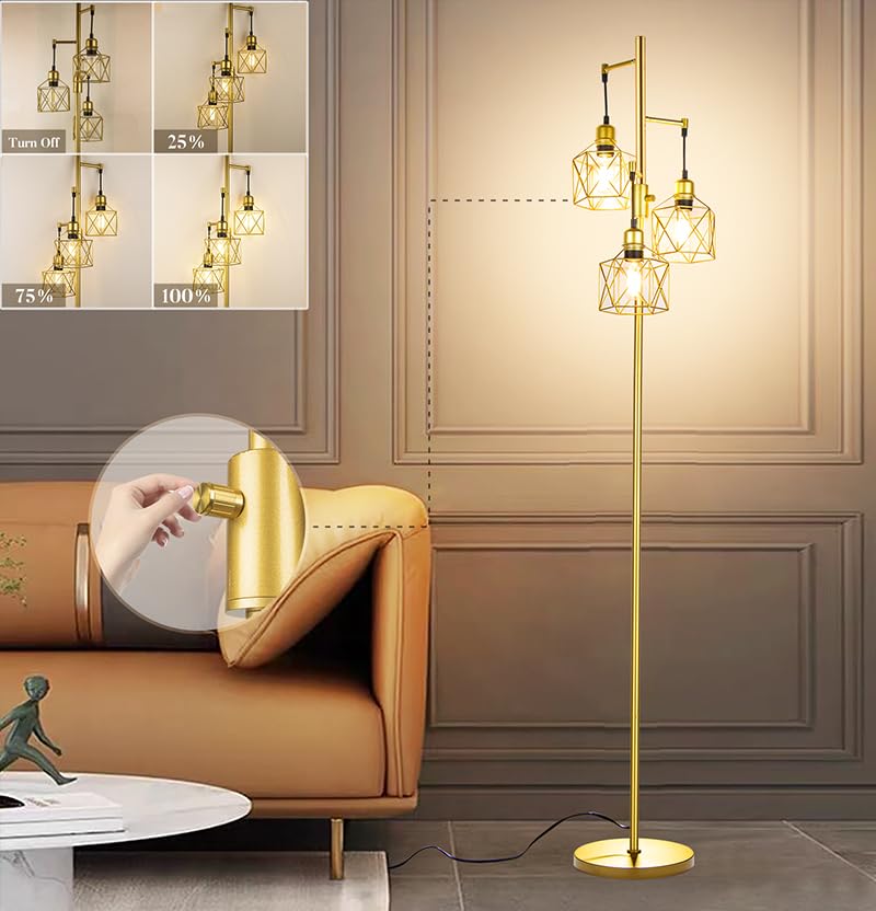 Lightdot 68IN Dimmable (Brightness Adjustable) Floor Lamp Diamond Cage Gold Tree Floor Lamps for Living Room 3000K Warm Soft Brightness LED Standing Lamp - E26 LED Bulb Included