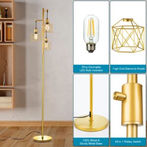 Lightdot 68IN Dimmable (Brightness Adjustable) Floor Lamp Diamond Cage Gold Tree Floor Lamps for Living Room 3000K Warm Soft Brightness LED Standing Lamp - E26 LED Bulb Included