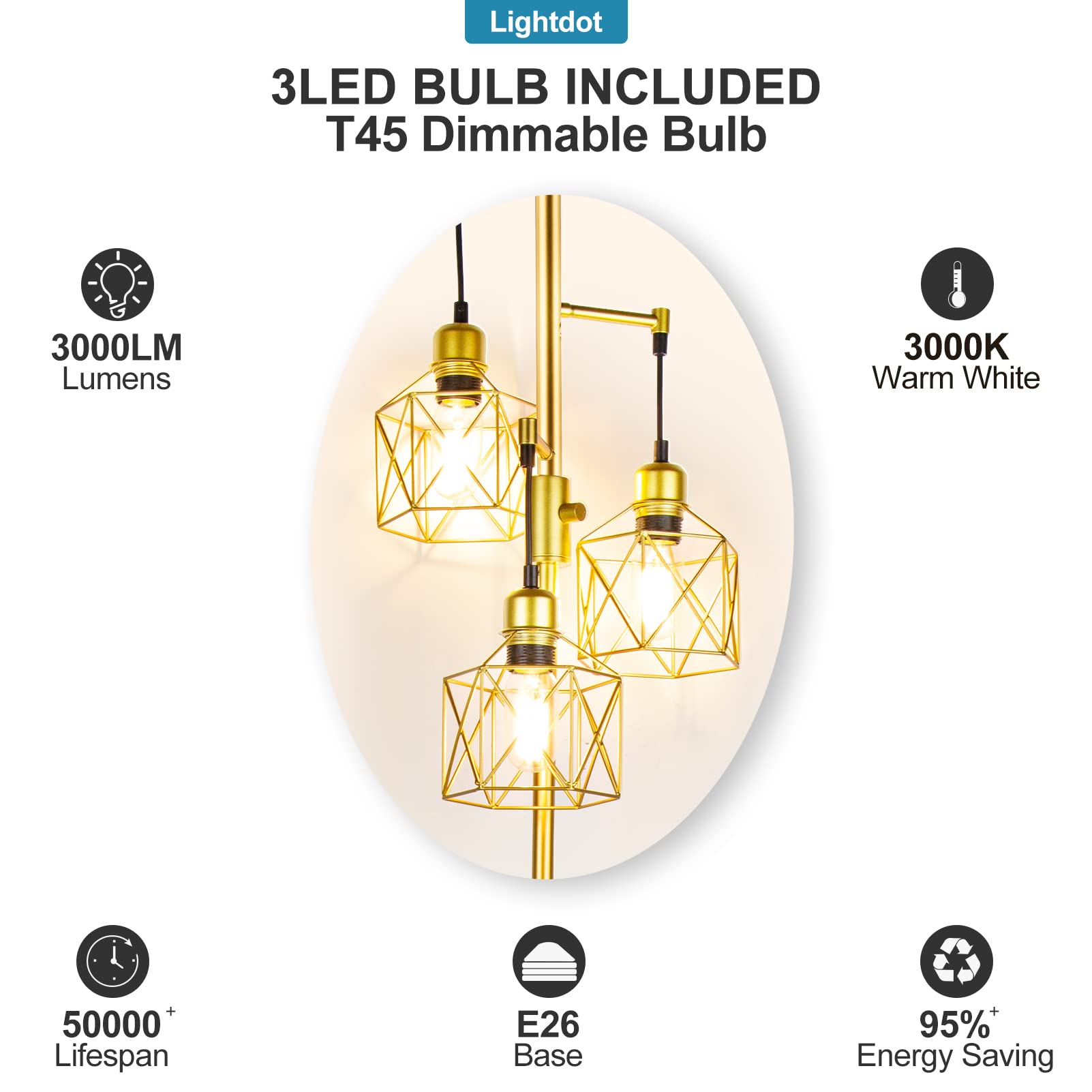 Lightdot 68IN Dimmable (Brightness Adjustable) Floor Lamp Diamond Cage Gold Tree Floor Lamps for Living Room 3000K Warm Soft Brightness LED Standing Lamp - E26 LED Bulb Included