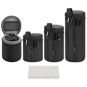arvok camera lens case, water resistant protective lens pouch for dslr camera lens, 4 size thick camera lens bag for nikon, tamron, sigma, pentax, sony, fuji, panasonic (4 pack)