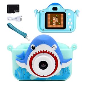 tsyfm kids camera for boys, dual lens kids selfie camera, 20mp digital video camera with 2 inch screen 32gb card shark silicone protector, birthday gifts for boys